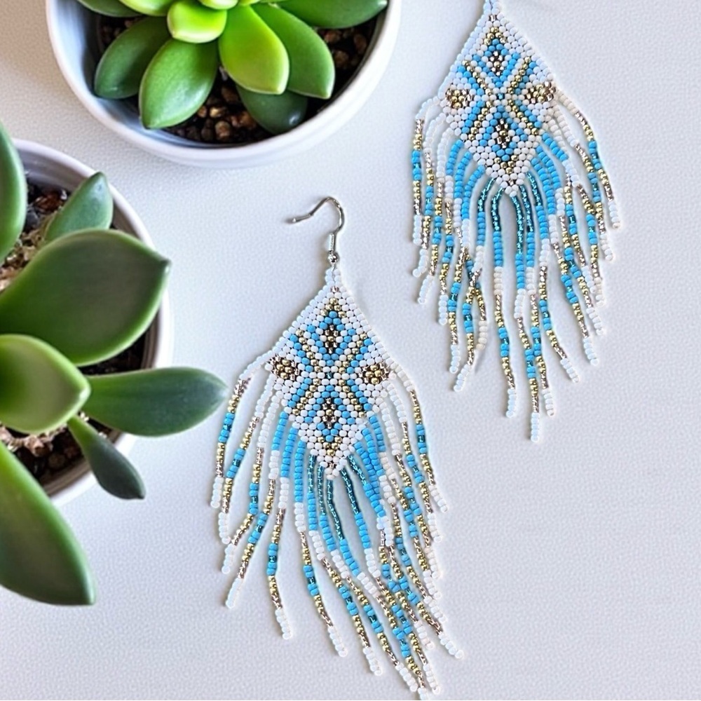 Southwestern Handbeaded Beaded Fringe Earrings - Picture 9 of 11